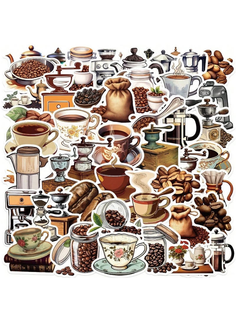 50 قطعة ملصقات قهوة مقاومة للماء، حزمة استكرات كرتونية لعشاق البن، ملصقات كوب القهوة وآلة الاسبريسو، استكرات لاصقة للحقائب والكراسات وزجاجات المياه، مجموعة ملصقات ديكور DIY للكمبيوتر والمحمول، ملصقات فينيل مقاومة للحرارة والماء، استكرات باريستا وتصاميم أكواب قهوة لطيفة، ملصقات تزيين أدوات القهوة المختصة، حزمة ملصقات فنية متنوعة للدفاتر والمطارات، هدايا لعشاق القهوة، ملصقات جدارية صغيرة وقابلة للإزالة، ديكور ركن القهوة المنزلي. - Image 1